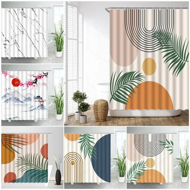 Abstract Mid Century Shower Curtains Boho Arch Sun Beige Modern Minimalistic Home Bathtub Bathroom Curtain Fabric Decoration Set