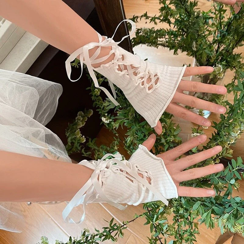 Women Strapping Lace Fingerless Hot Sexy Arm Sleeves DIY Lace-up Sunscreen Gloves Elastic Mesh Punk Gloves Clothing Accessories