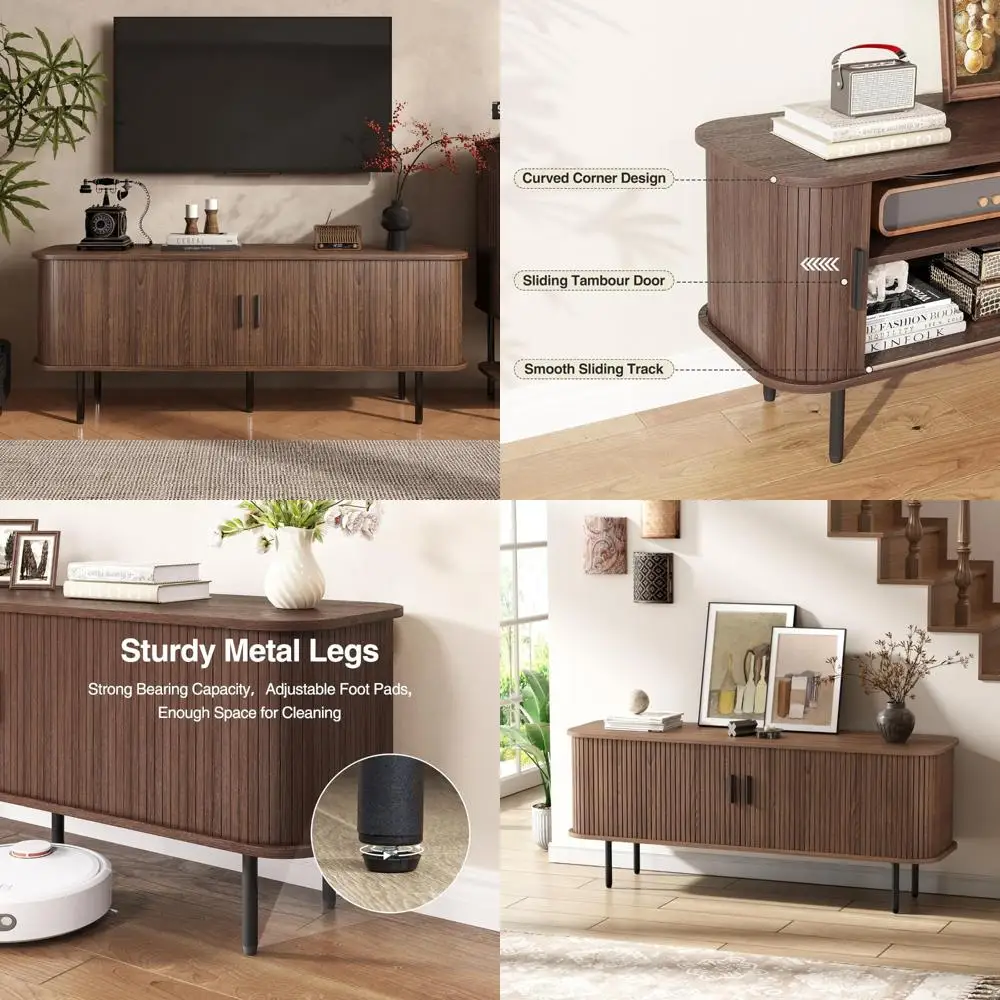 60 Inch TV Entertainment Center with Slatted Tambour Doors and Storage for Modern Living Room