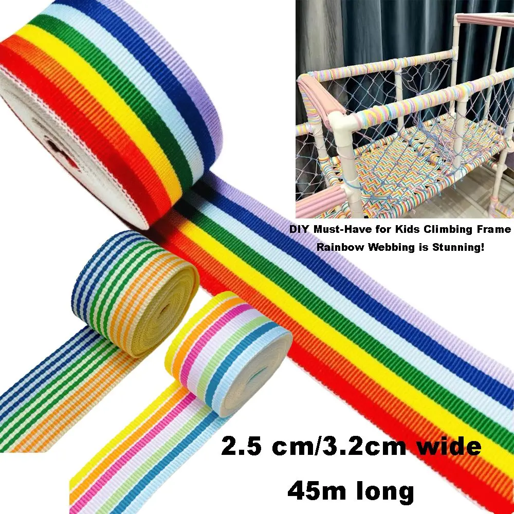 Thick Rainbow Webbing Colorful 2.5 cm/3.2cm Rainbow Webbing Strap 45m Heavy-duty DIY Toddler Playground Accessories Climbing