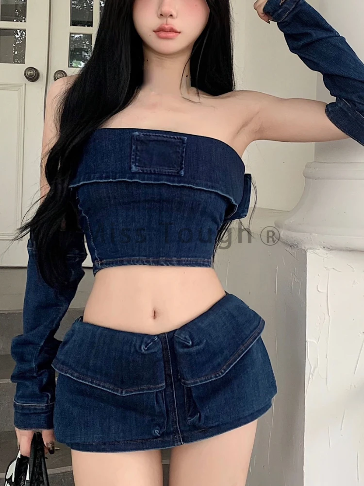 Japanese Y2K 3 Piece Set Women Summer Vintage  Sexy Denim Suit Female Zipper Cowboy Sleeves+strapless Coat+slim Corset Skirt