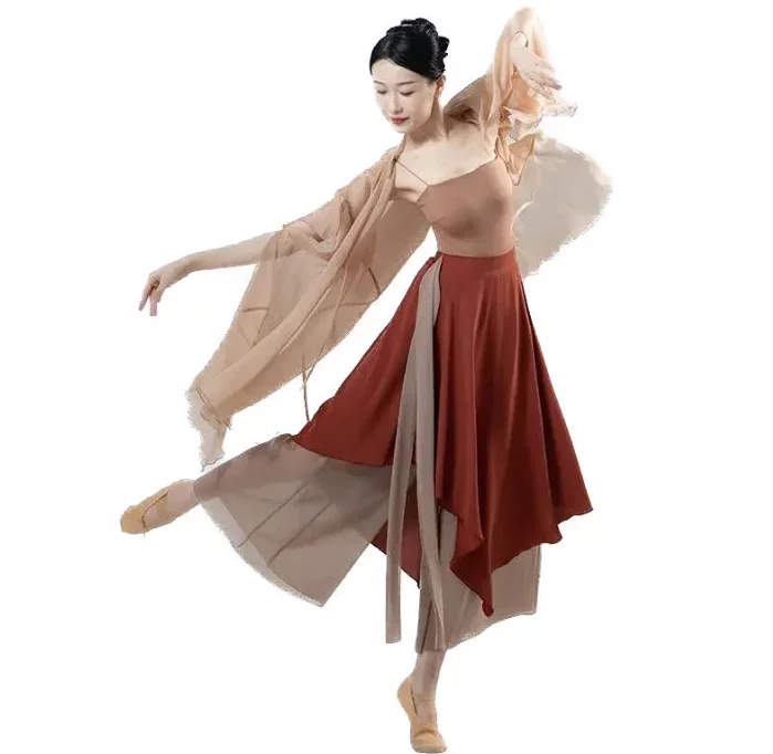 

2025 Elegant cardigan practice clothes body rhyme long outer gauze Chinese style folk dance classical dancer performance costume