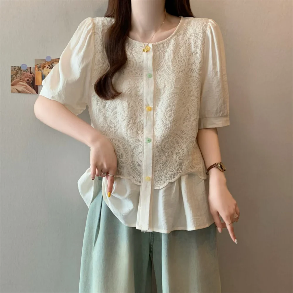 

Летний кардиган с тяжелой вышивкой и кружевными вставками, свободный крой, облегающий топ, женская футболка для повседневной носки, стильный...