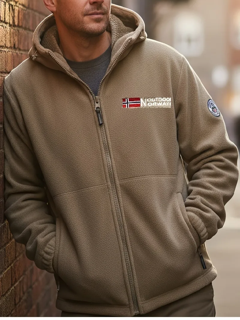 سترة رجالية معطف شتوي معزول حراريًا مع إغلاق بسحاب كامل، ملابس خارجية بغطاء للرأس مقاومة للرياح، قابلة للغسل في الغسالة والطقس البارد