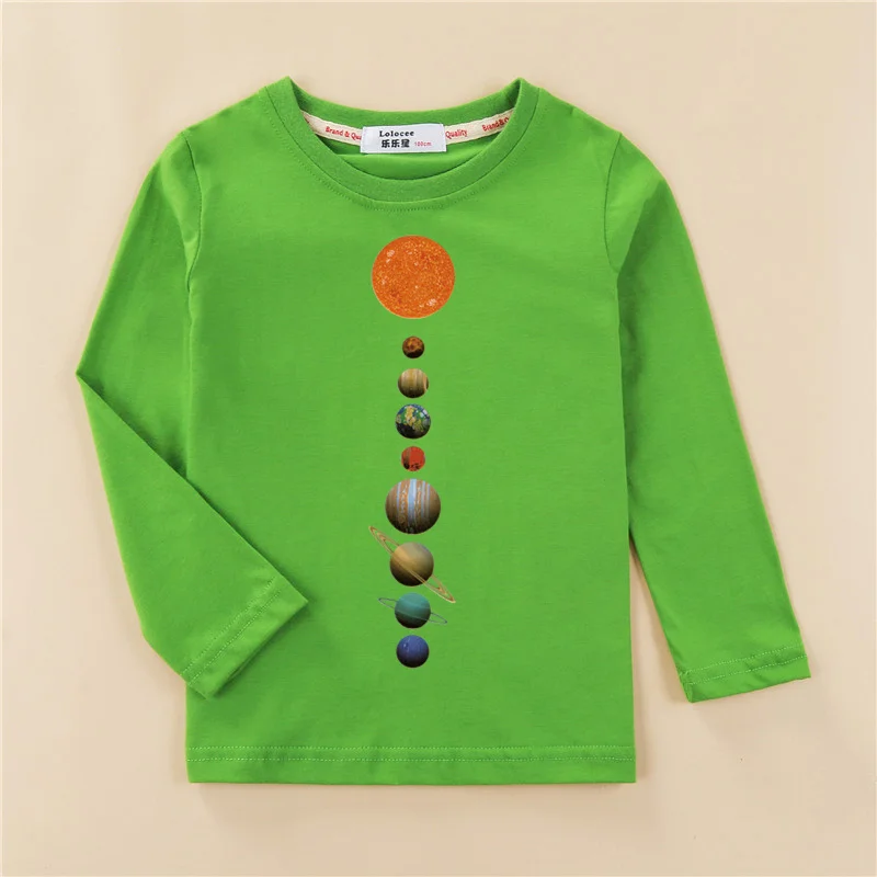 Kids Casual T-shirt Solar System Pattern Tops Baby Boys Cotton Fashion Shirt 3-14T Children Long Sleeved Tees