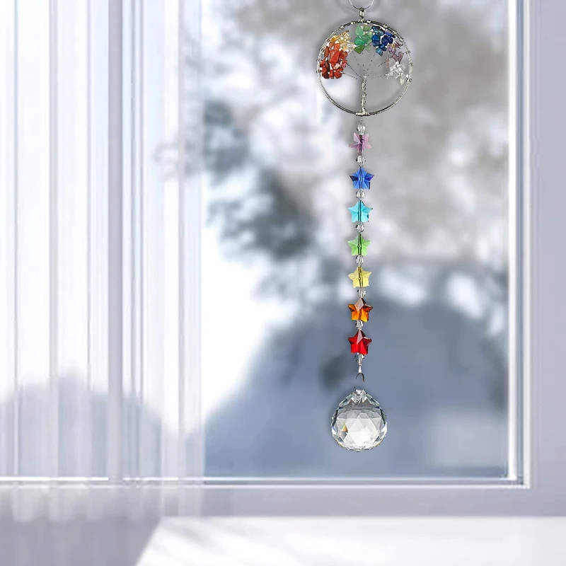 Crystal Wind Chime Colorful Sun Catcher Life Tree Love Meditation Pendant for Window Outdoor Garden Hanging Ornament Home Decor