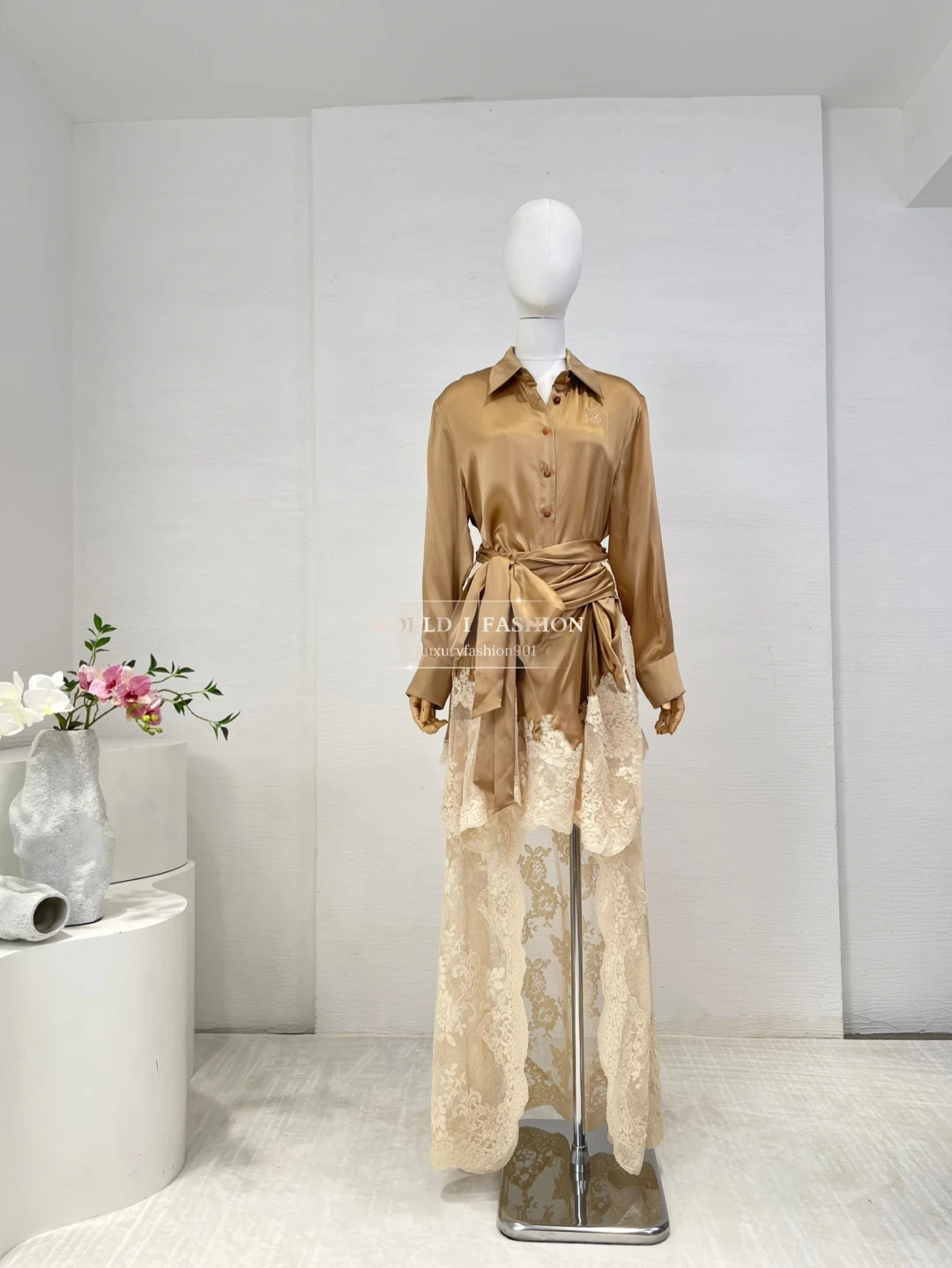 

Camel Long Sleeve Blouse Tops and Lace Patchwork Irregular Hem Midi Skirt Set 2025