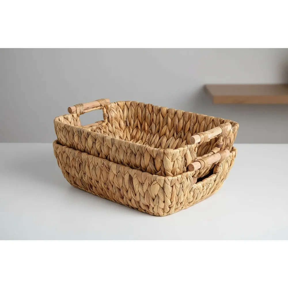 

Большие корзины для хранения гиацинта ручной работы с деревянными ручками, 2 шт. для организации дома