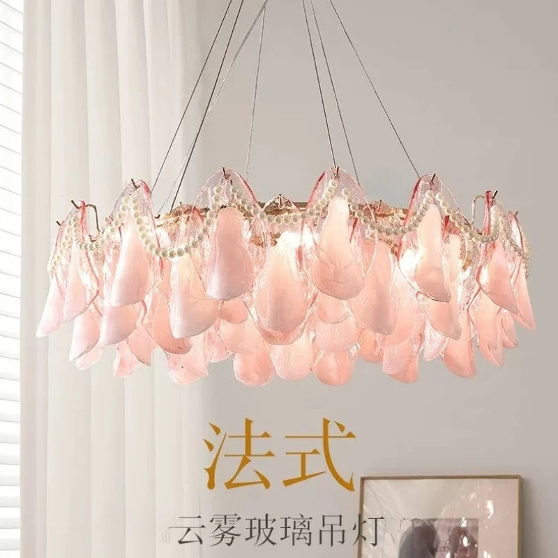 French Romance Pendant Lights Pink Glass Petals Ceiling Chandelier Living Room Bedroom Study Indoor Decoration Lighting Fixtures