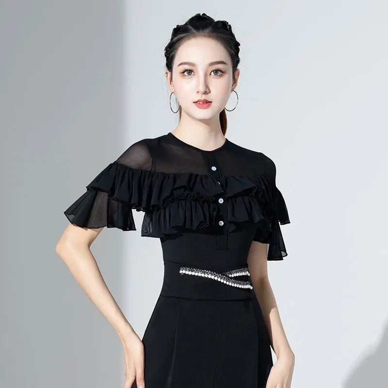 Mesh Patchwork Latin Dance Practice Suit Ballroom Belly Costume Middle Sleeves Top Women\'s Dance Suit Top Evening Dresses Shirt