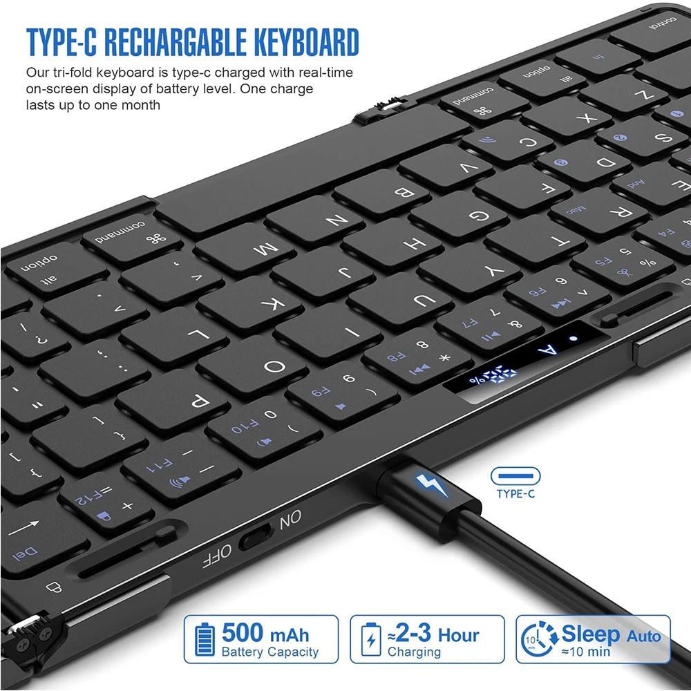 Imagem -02 - Teclado Recarregável sem Fio Bluetooth Dobrável de Liga Portátil com Display de Bateria Touchpad para Win Ios Android-preto