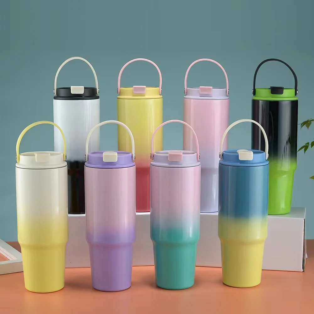 30Oz car cup 304 stainless steel large-capacity Bingba cup gradual change color handle car water cup