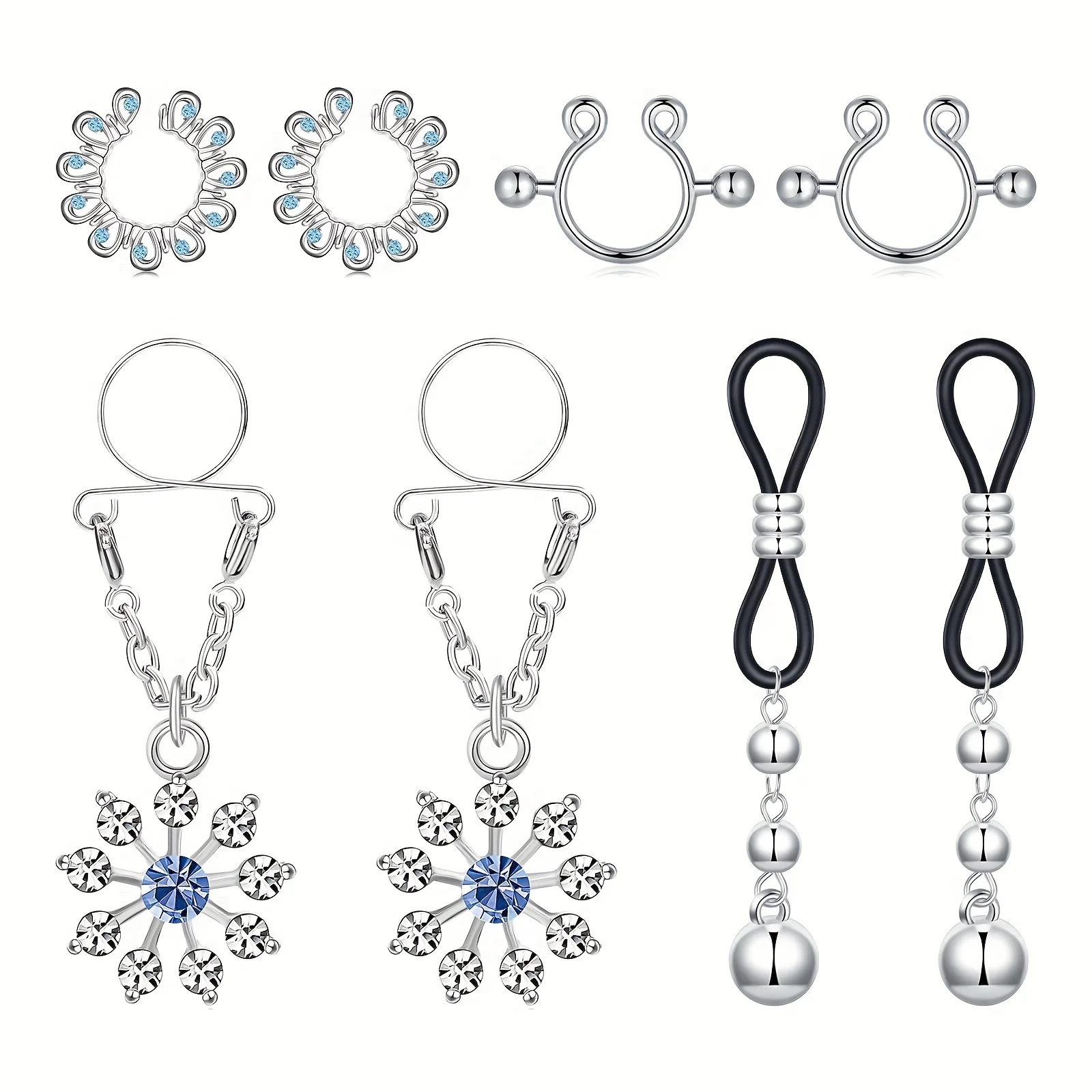 4 Pairs Non Piercing Fake Nipple Rings, Water Drop Heart Shaped Dangle Nipple Clips
