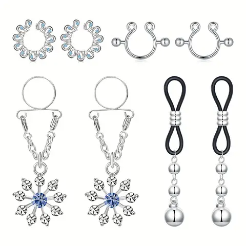 4 Pairs Non Piercing Fake Nipple Rings, Water Drop Heart Shaped Dangle Nipple Clips