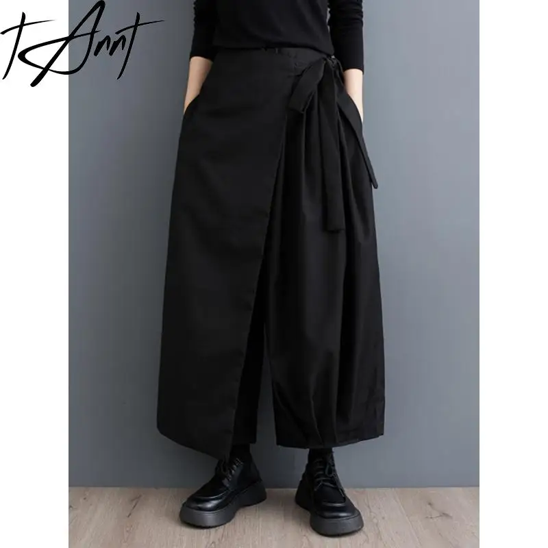 

TANNT Women Pant Capris 2024 Autumn Spring New Elastic High Waisted Fashion Black Wide Leg Pants All Match Loose Casual Trousers