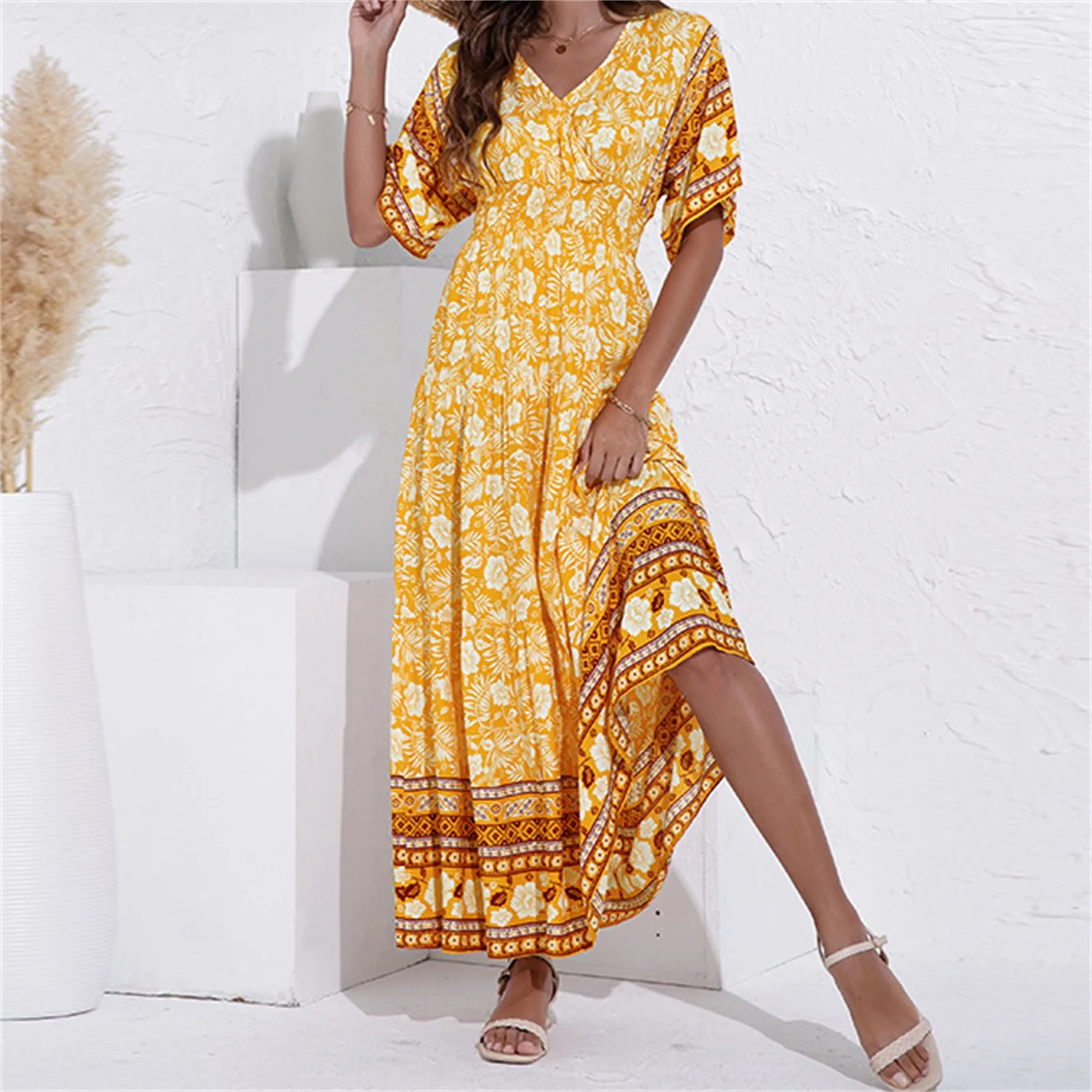 

Boho Loose Swing Dresses For Fall Women's V Neck Floral Printed Long Dress Short Sleeve Tunic Waist Bohemian Party Long Vestido