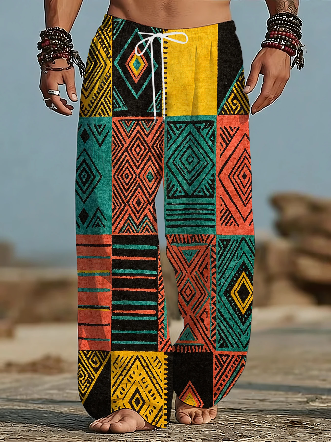 

Men Boho Ethnic Geometric Feather Print Wide Leg Pants Vintage Patchwork Loose Drawstring Summer Beach Casual Hippie Trousers