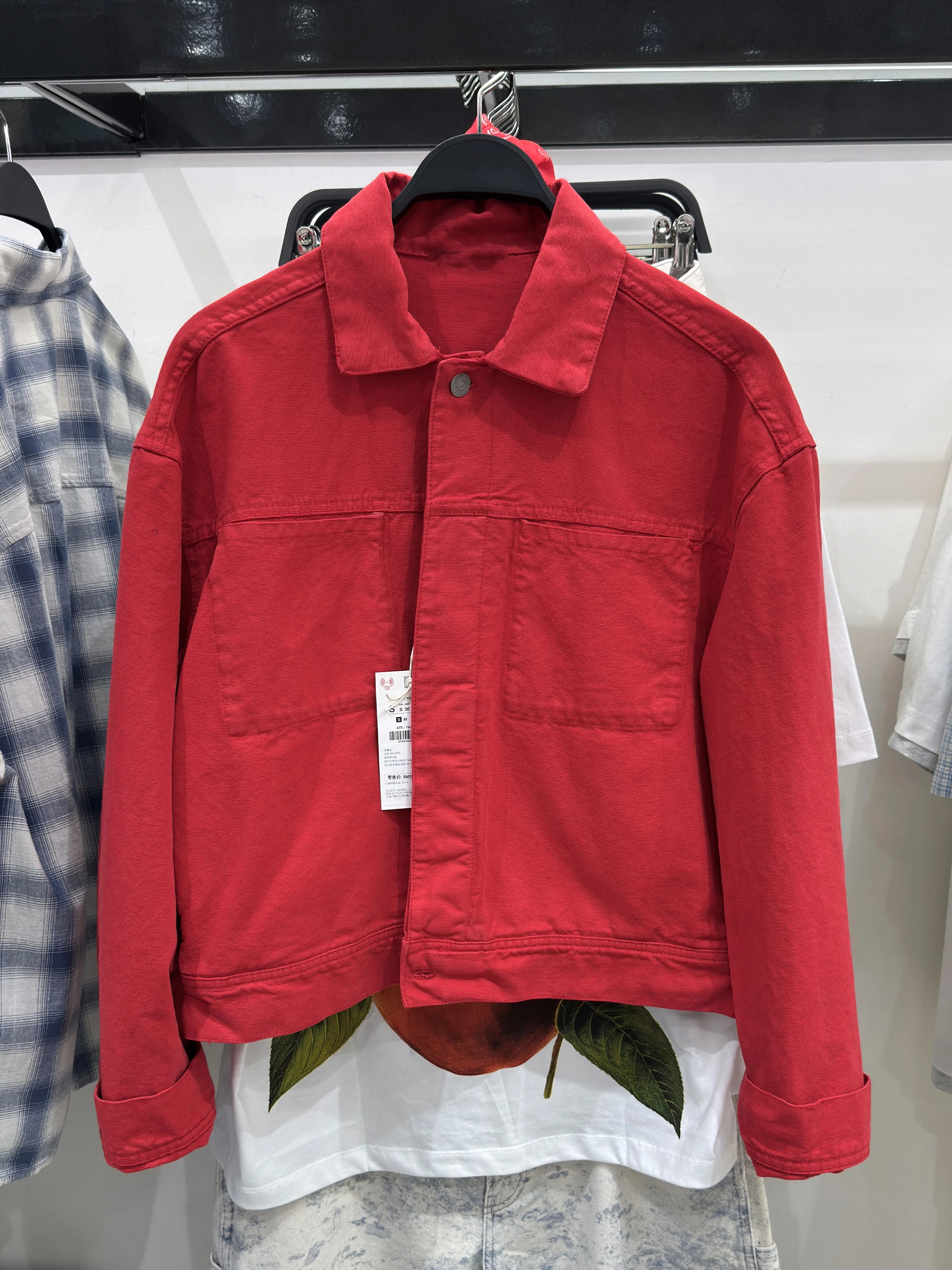 

Red Plaid ort Jaet Men's Faion Autumn New Arrival ket Decorated Flip Collar Coat Loose Fit Long Sve Cotton Jaet