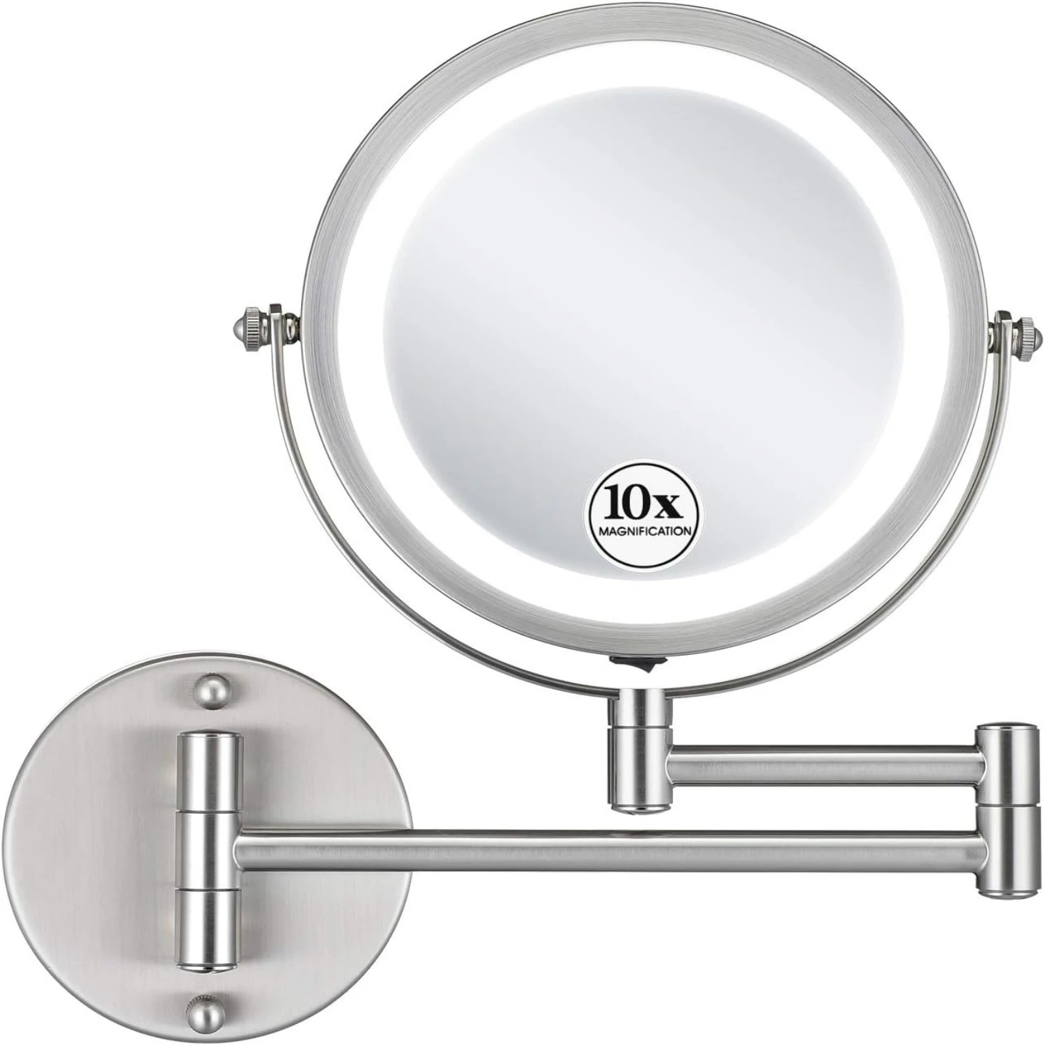 

Cordless Brushed Nickel LED Makeup Mirror w/10x Magnification, Ideal for Bathroom Hotels. Battery Powered, Swivel Design. Stylis