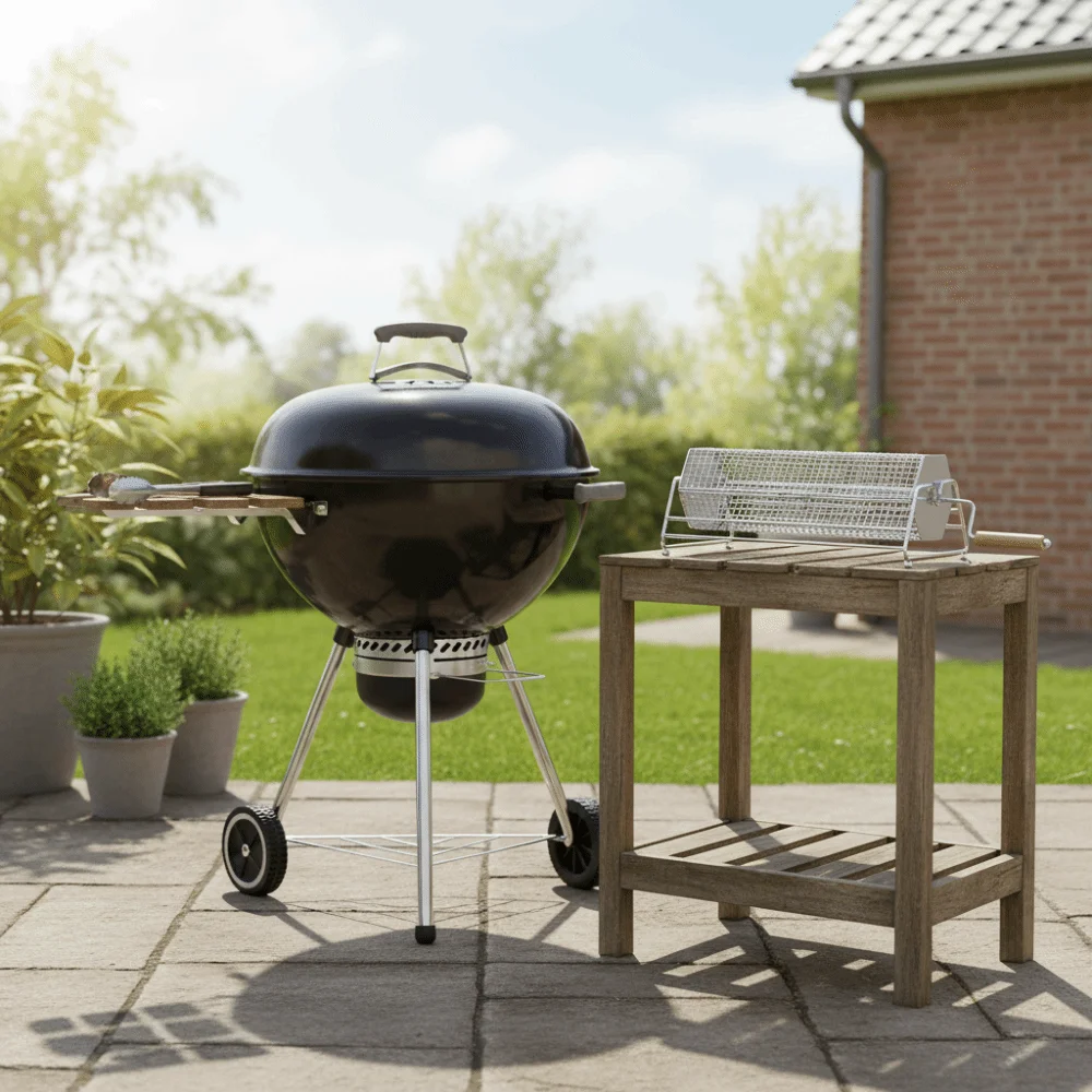 Hexagonal Rolling BBQ Grill Mesh Basket with Wood Handle Stainless Steel Rotating Barbecue Cage Rust-proof Corrosion-resistant