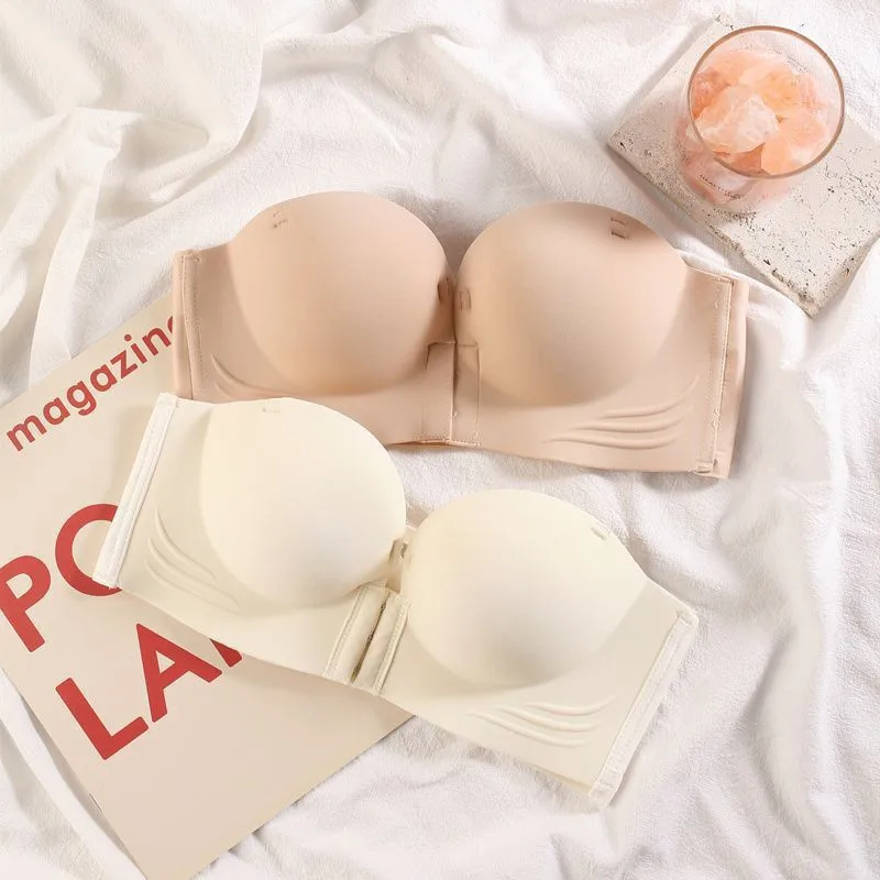 Lingerie à boutons sur le devant pour femme, sans bretelles, antidérapante, sans bretelles, froncée, sans trace et antireflet
