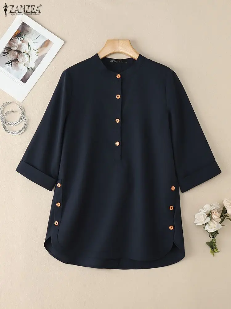 เสื้อเบลาส์ฤดูร้อน ZANZEA 2025 เสื้อทำงานผู้หญิงสไตล์หรูหรา เสื้อลำลองแขน 3/4 สีพื้น เสื้อผู้หญิงติดกระดุมสไตล์วินเทจ