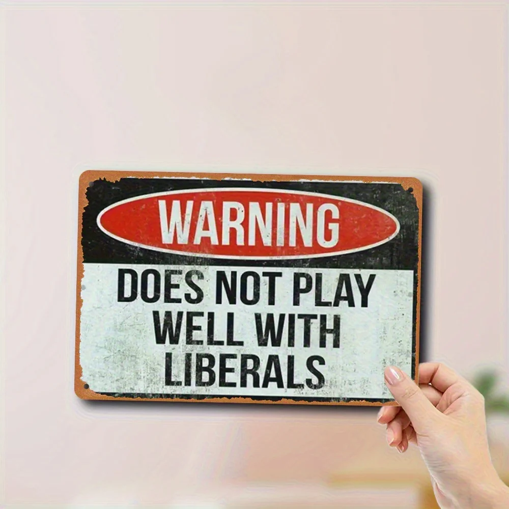 2D Flat, 2D Flat Vintage Wall Decor Hanging Sign, 1pc - Fun Conservative Vs. Liberal Political Statement - Red Warning Label - H