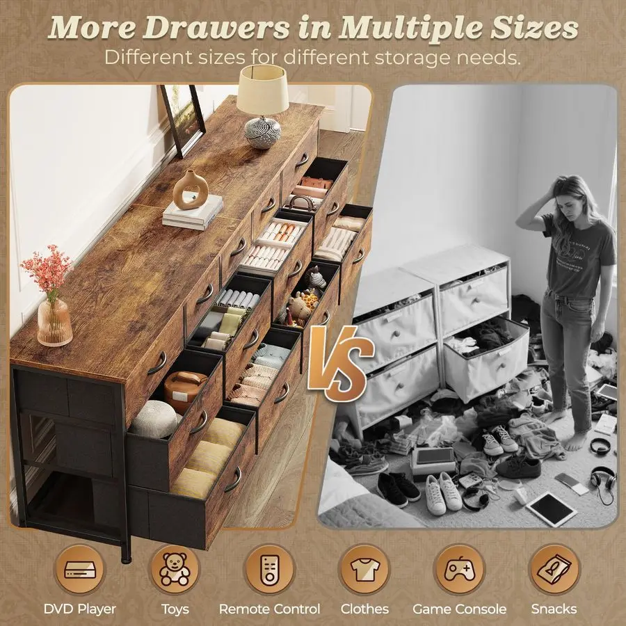 70 Inch Dresser for Bedroom, TV Stand for 65, 75, 80 Inch TV, 13 Fabric Drawer Long Dresser, Large Entertainment Center for Bed