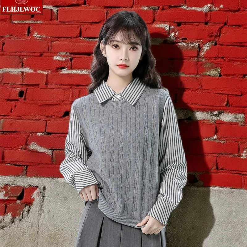 

Patchwork Fake 2-Piece Tops Winter Spring Woman FLHJLWOC Long Sleeve Preppy Style Cute Girls Striped Knitted Pullovers Sweaters