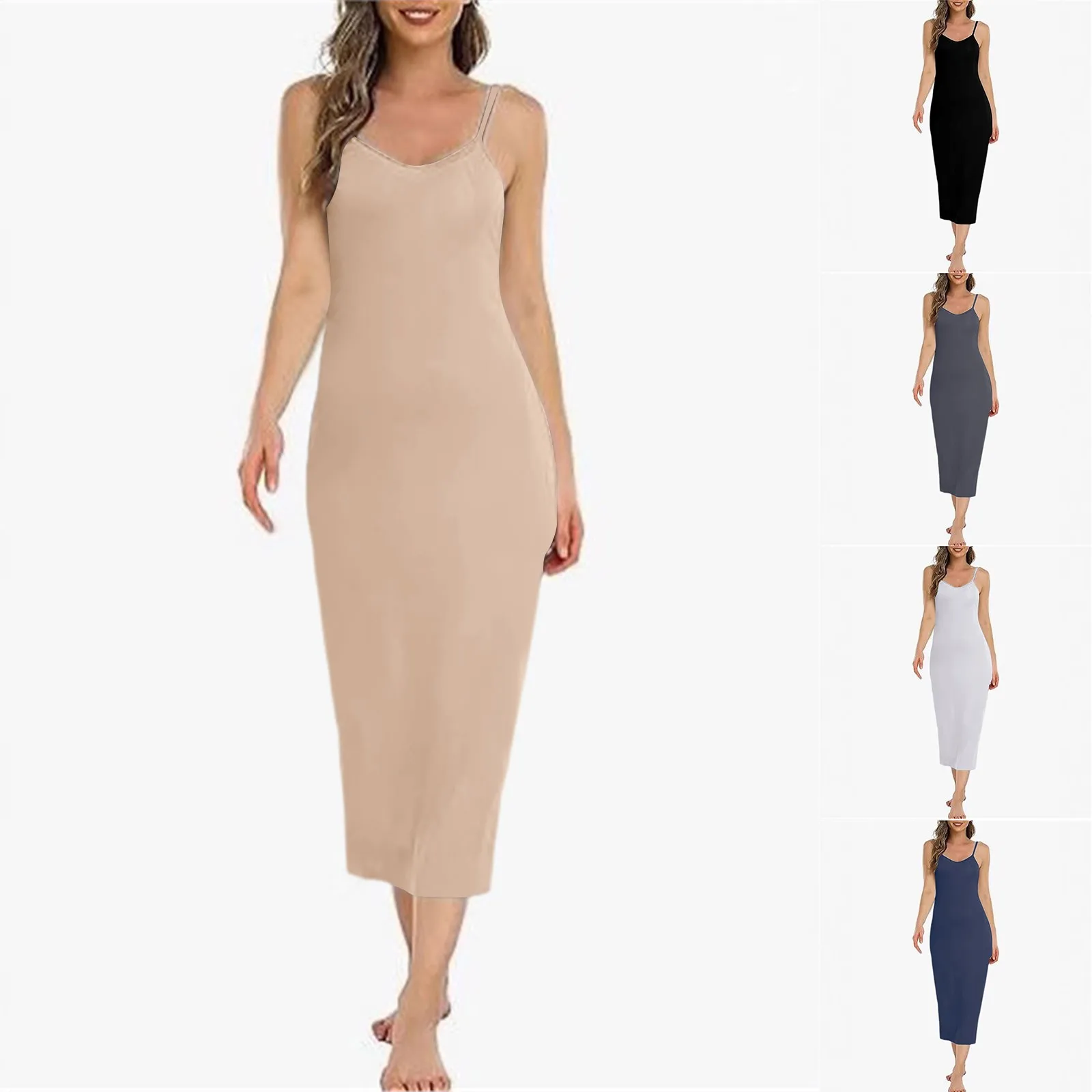 ผู้หญิงชุดเดรสยาว Basic สปาเก็ตตี้สายรัด Cami Slip Dress นุ่ม V คอ Nightgown ภายใต้ชุด Elegant สตรี
