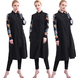 Muslim Female Full Cover Conservative Swimsuit Sets 3pcs Fashion Islamic Women Beach Long Sleeves Printed Zipper Swimwear Suits