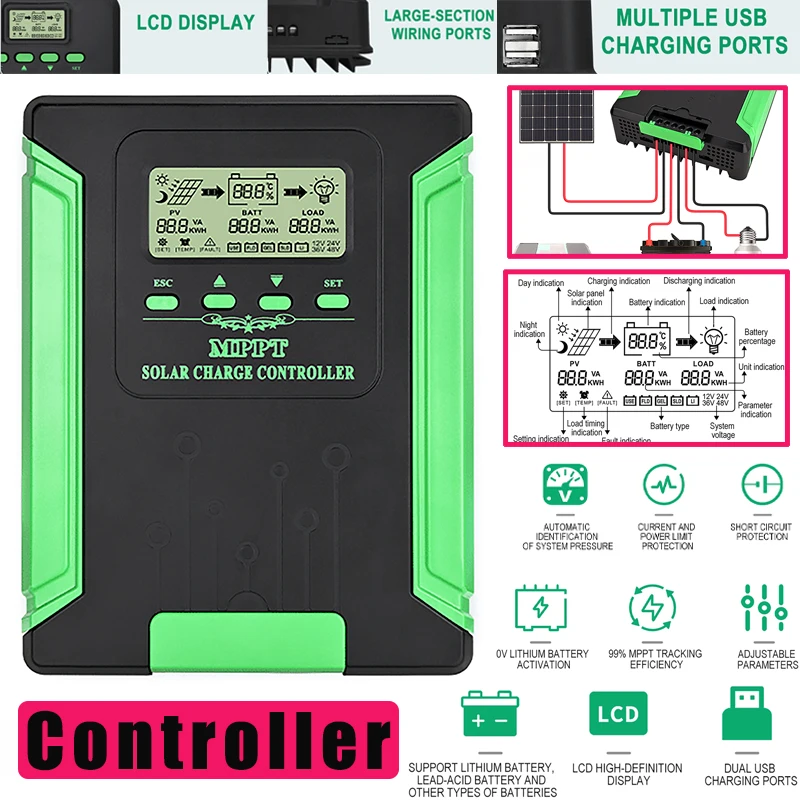 MPPT Solar Charge Controller 12V-48V Solars Panel Regulator 180VDC 30A-60A Wifi Charger Controllers LCD Display Energy Storage