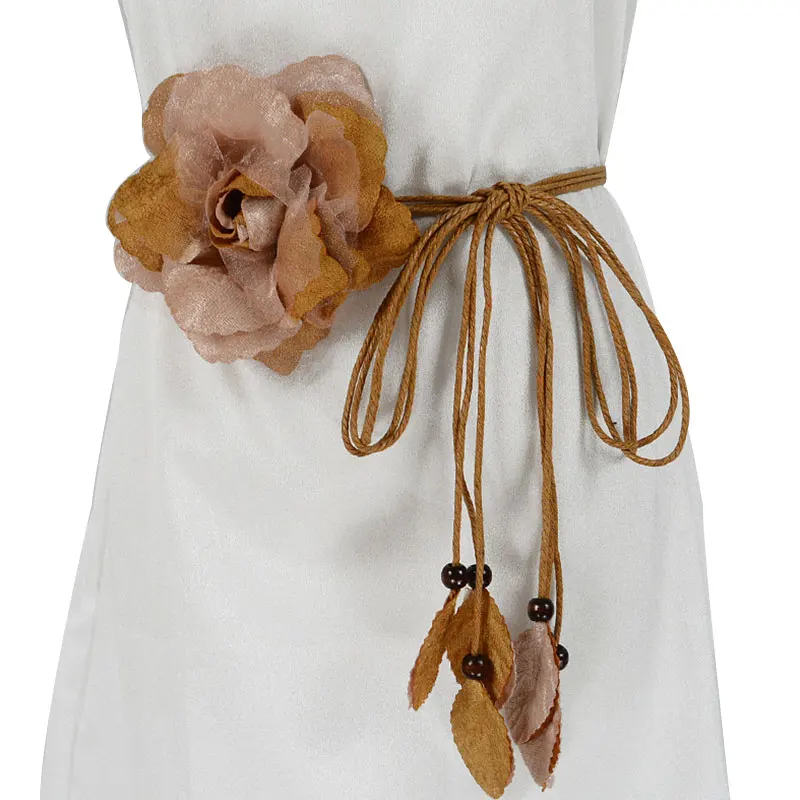 

Casual Knotted Waist Chain For Dresses Lady Thin Waist Belt Long Tassel Braid Waistband Elegant Handmade Big Flower Decorative