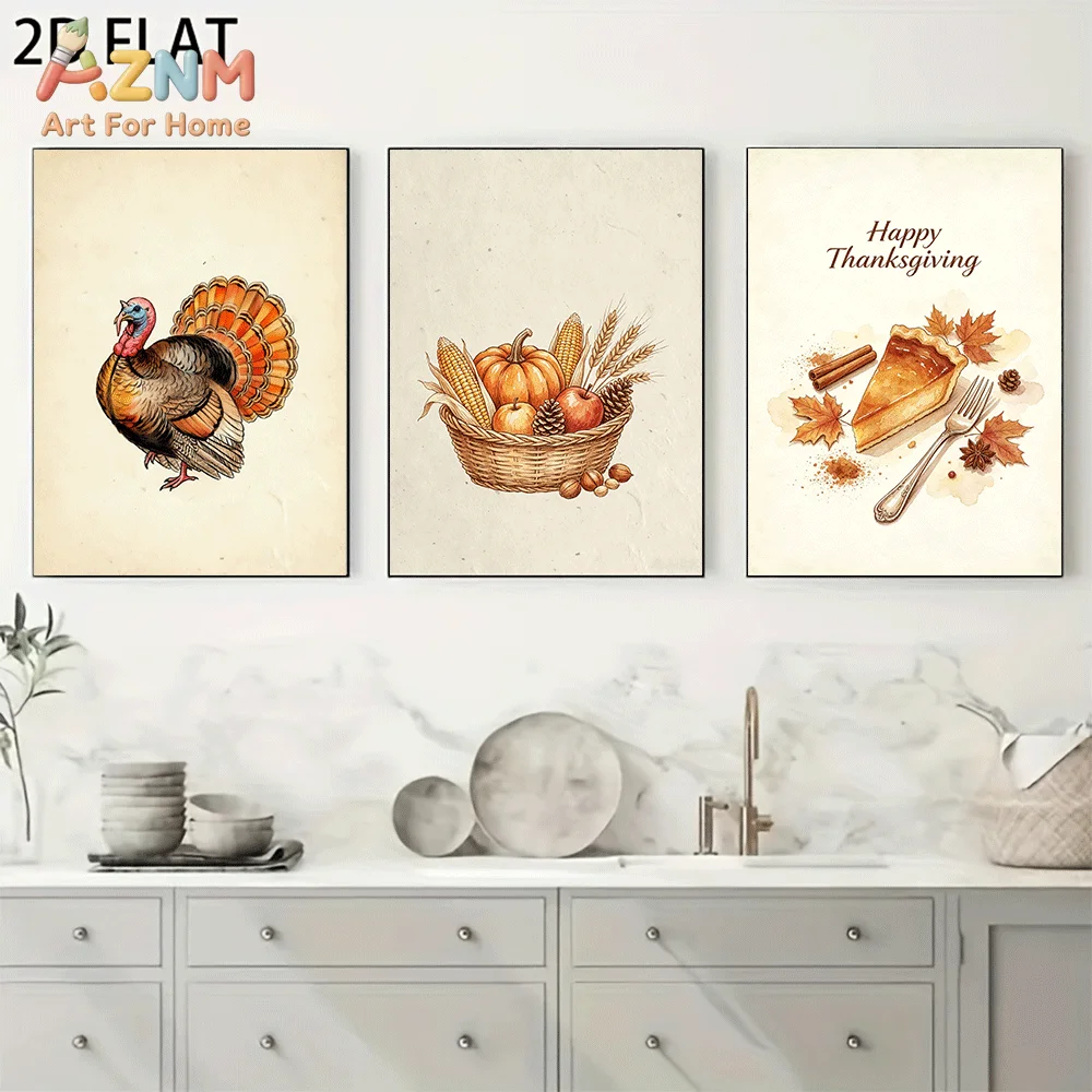 AZNM Frameless Canvas Wall Art, Thanksgiving Watercolor Print, Turkey Harvest Basket Pumpkin Pie Maple Leaf Art Poster for Fall