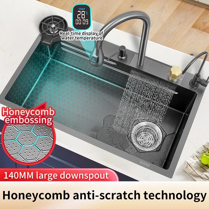 Stainless Steel Kitchen Sink Waterfall Faucet Nano Black Multifuctional Honeycomb   Large Single Bowl Above Counter Apron Front