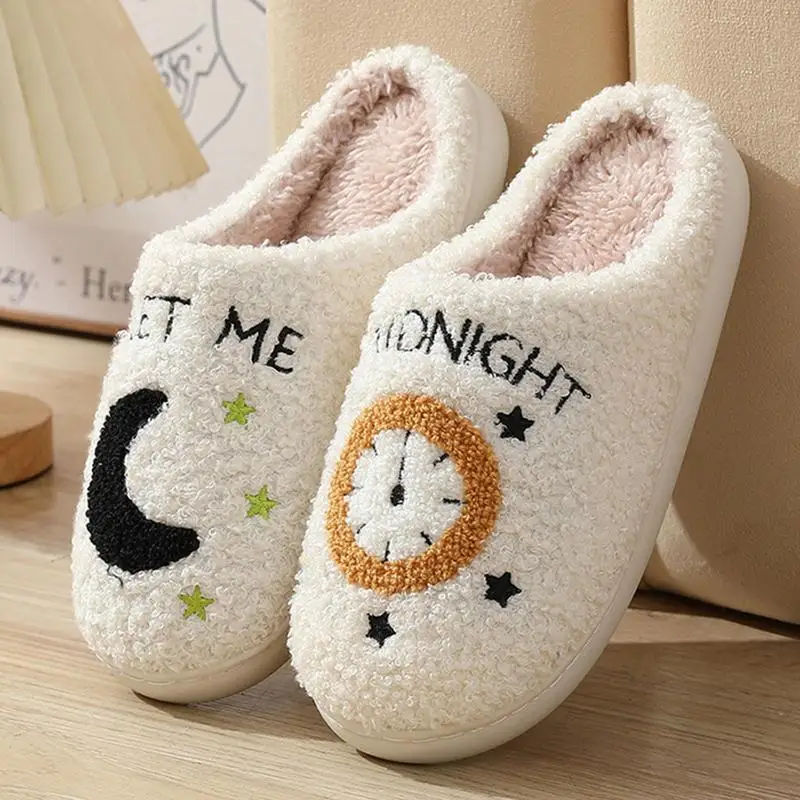 Cute Slippers Moon Clock House Slippers Indoor Shoes Non-Slip Sole Slip-On Winter Slippers Plush Slippers Female Plush Shoes