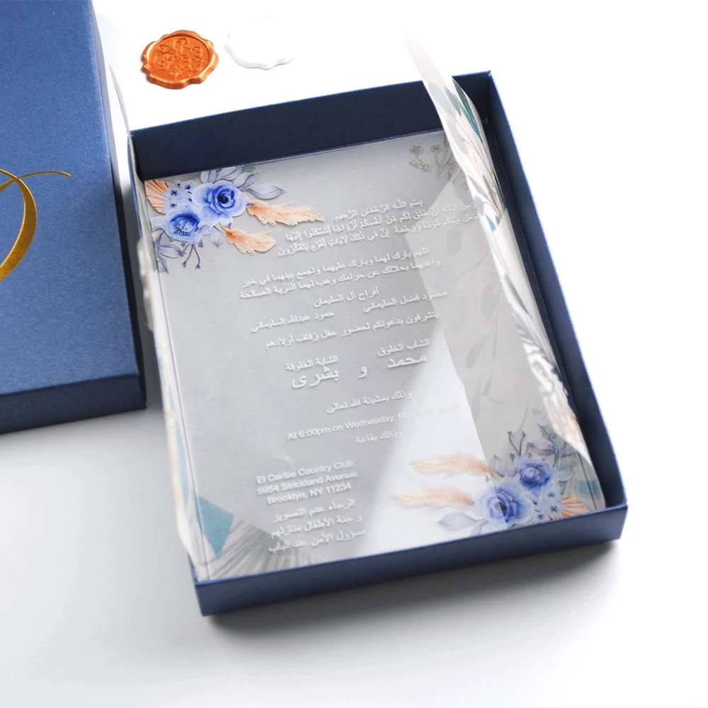 Elegant Blue Flower Design Wedding Invitation Card with Vellum Wrapper Popular Baby Baptism Invitations Stamp