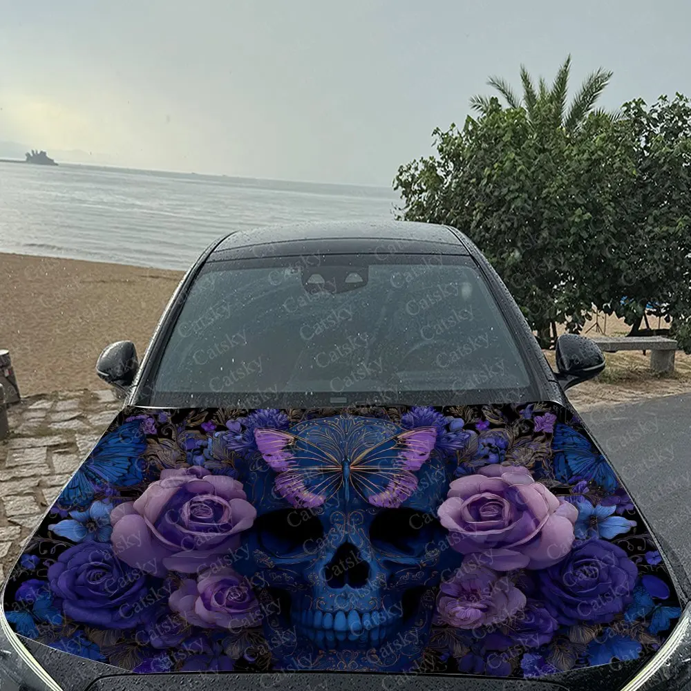 Car Decal Skull with Purple & Blue Roses and Butterflies for a Bold, Nature-Infused Aesthetic Car Hood Sticker, Waterproof Self view 5