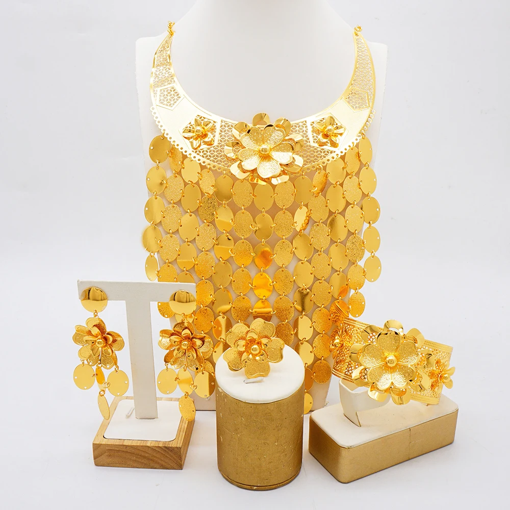 Luxurious jewelry long wide body jewelry set 24k gold-plated women\'s banquet wedding necklace set