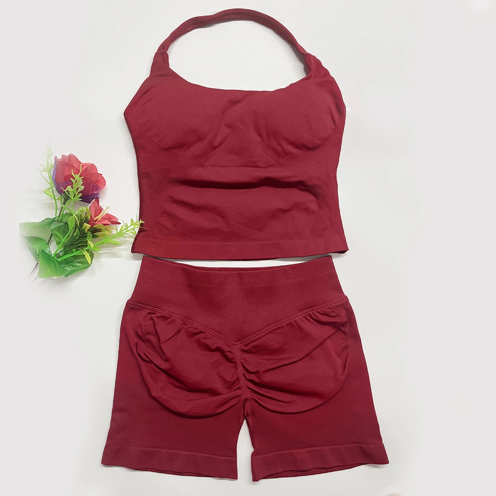 Yoga outfits Dames 2 stuks Sport DFNNYE Impact Set halterneck Backless Halter Top Naadloze Scrunch Shorts Gym Workout Sportpak