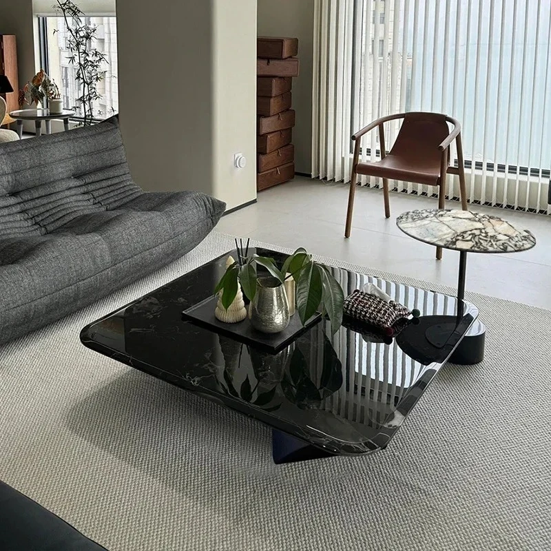 

Household Small Apartment Square Tea Table Modern Light Luxury Natural Black Rose Luxury Stone Coffee Table Italian Living Ro
