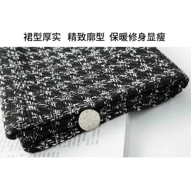 2025 가을 겨울 여성용 신상 스티치 체크 패션 슬림 A라인 하이웨이스트 다용도 울 스커트