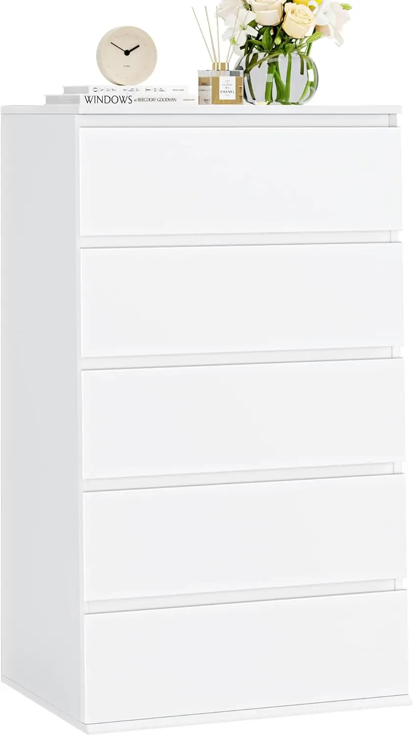 

White Dresser, 5 Drawer Dresser Tall White Dresser with Large Storage Space, Modern Storage Chest of Drawers, 23.6L x 17.6W x 39