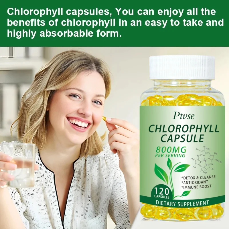 Ptvse Chlorophyll Capsules 800 mg - for Women & Men Highly BioAvailable Supplement for Energy, Immunity, Skin Internal Deodorant