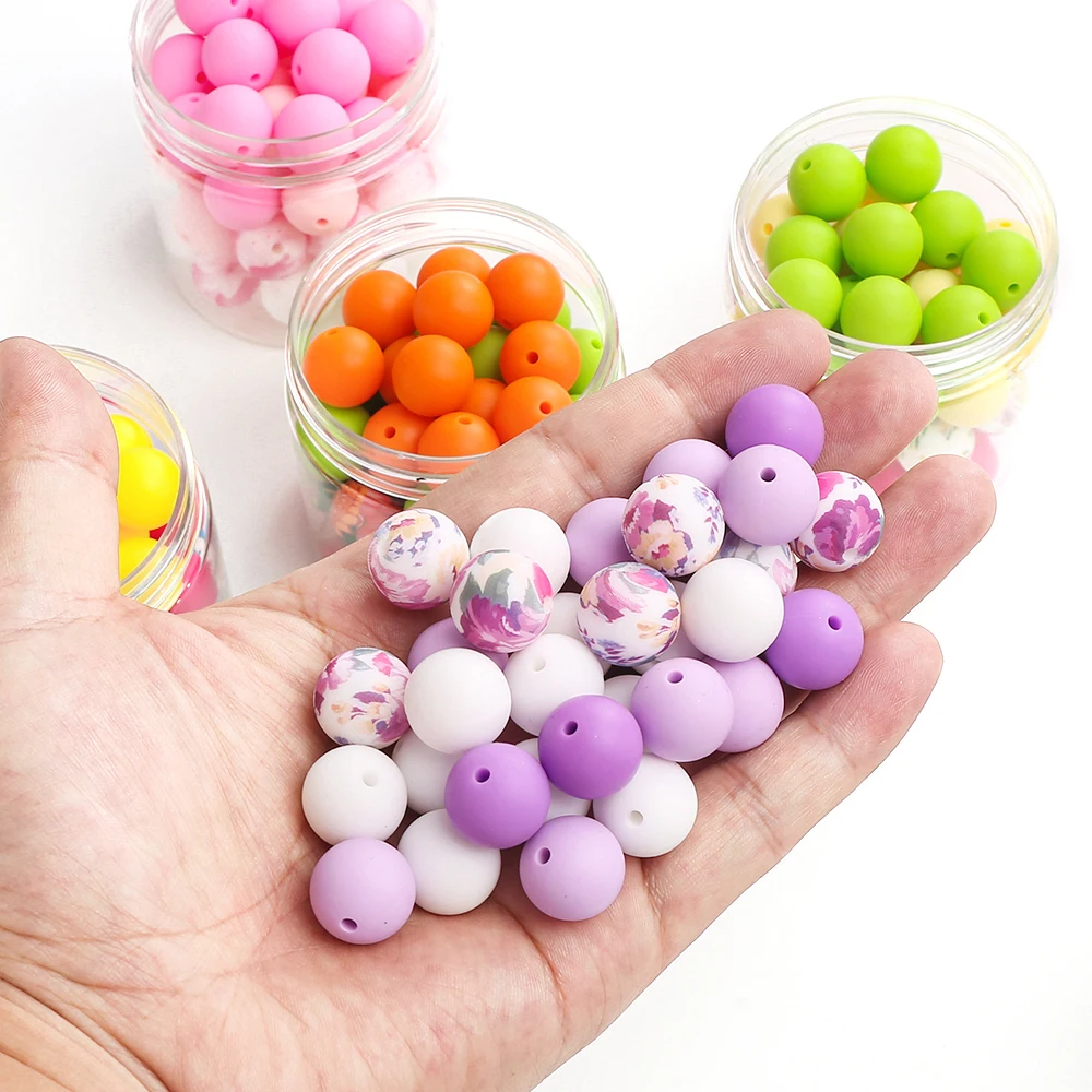 15mm 140Pcs Teether Silicone Beads Print Round Teething Beads For Baby Pacifier Chain Dummy Holder Clip DIY Necklace