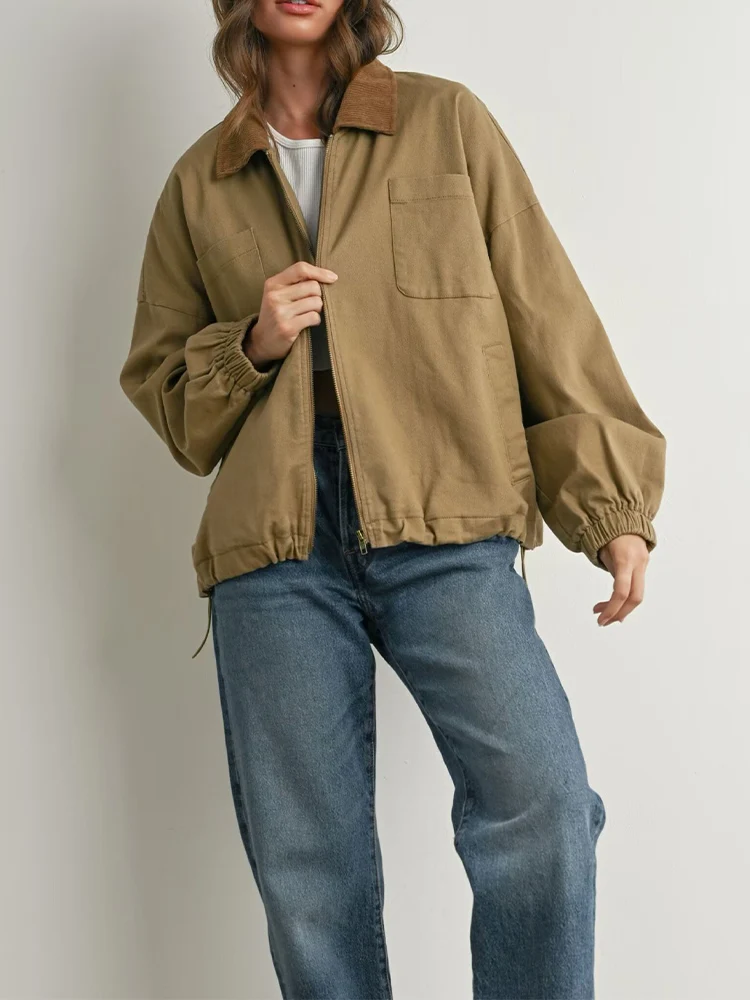 

European style new women's fashion all-match temperament contrast color splicing lapel zipper decoration workwear jacket