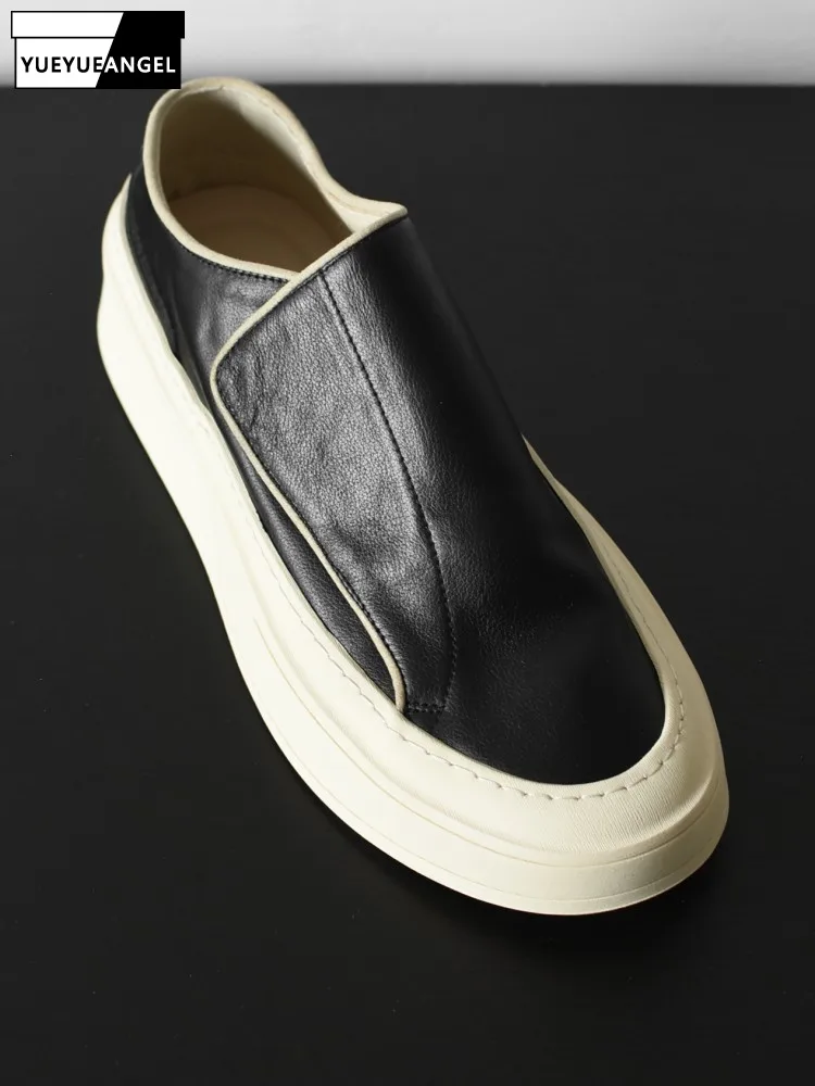 Japanese Cowhide Round Toe Platform Male Casual Shoes Handmade Genuine Leather Solid Color Height Increase Slip On Sneakers