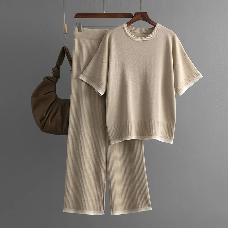 Broeksets Dames Tweedelige gebreide top Korte mouw Ronde hals Truien Patchwork Midi Taille Lange broek Dame Recht Casual