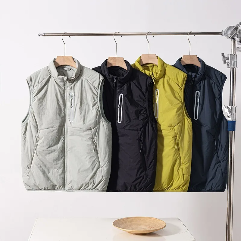 Mens Lightweight Padded Vest Stand Collar Zip Front Nylon Sleeveless Gilet with Pockets for Autumn Winter Casual Layering