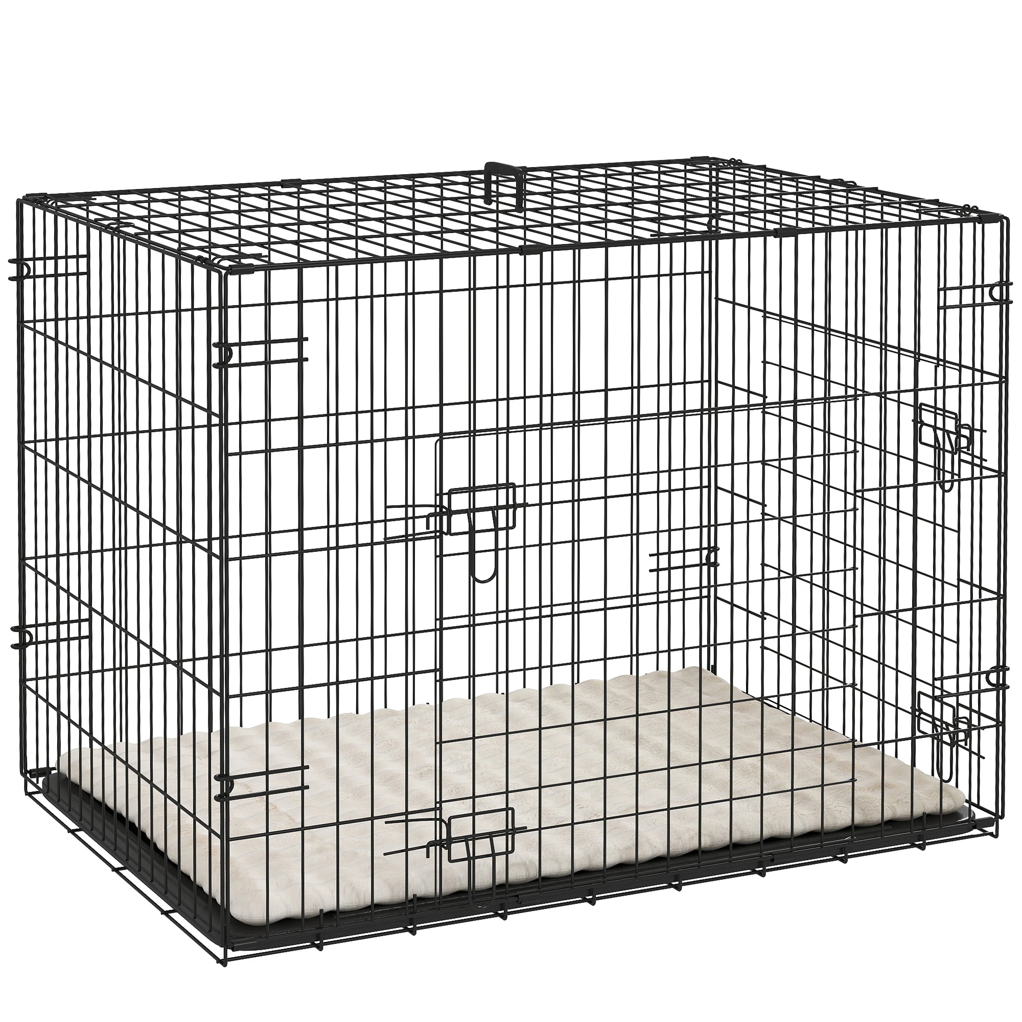 PawHut Jaula para Perros Plegable con Cojín Puertas Bandeja Extraíble y Marco de Alambre Metálico 75x48,5x53 cm Negro y Beige